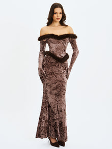 Tessa Sweetheart Bardot Faux Fur Velvet Mermaid Maxi Dress | Coffee