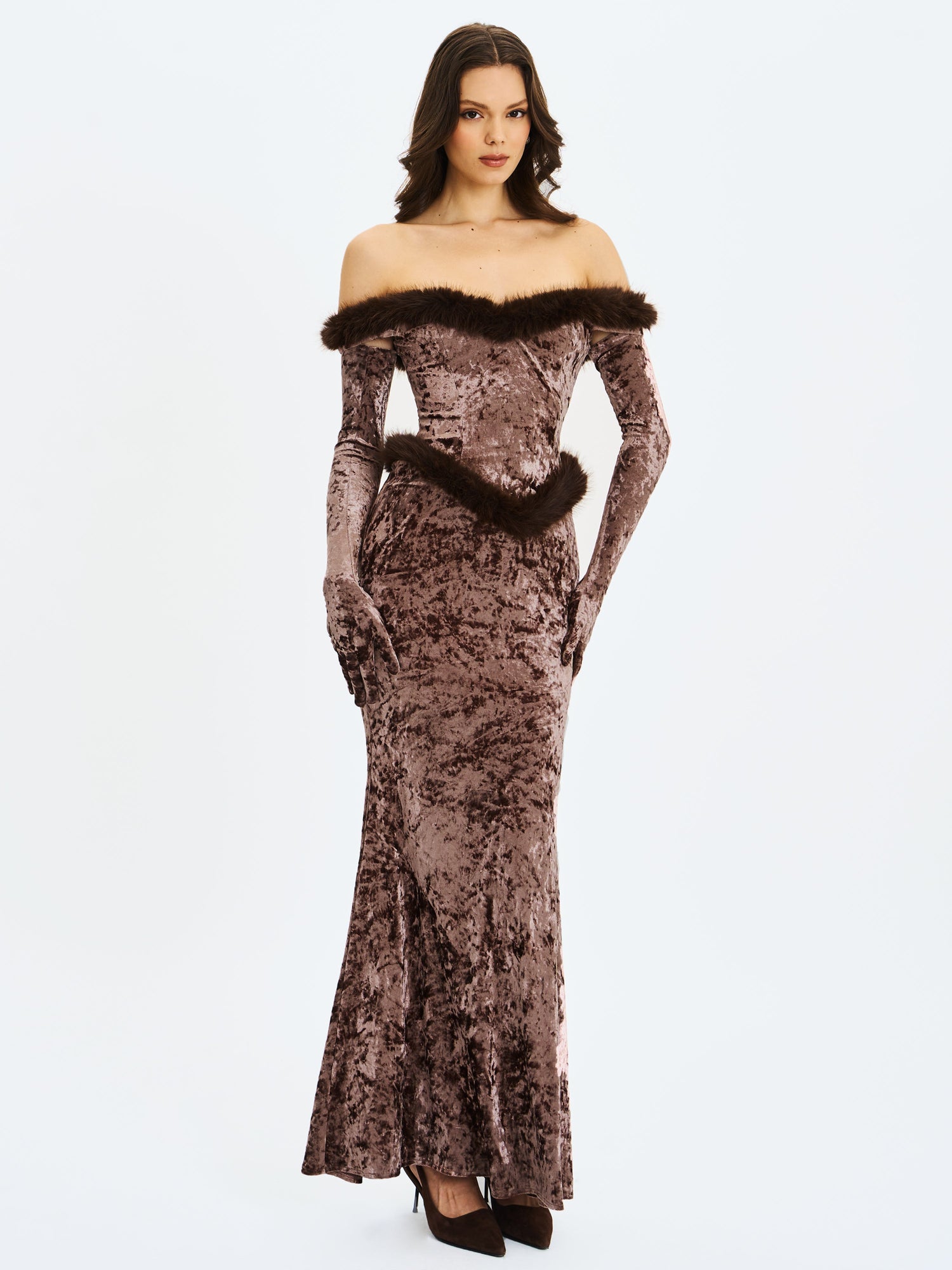 Tessa Sweetheart Bardot Faux Fur Velvet Mermaid Maxi Dress | Coffee
