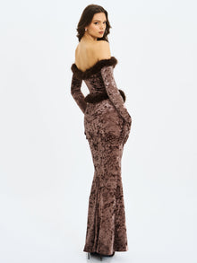 Tessa Sweetheart Bardot Faux Fur Velvet Mermaid Maxi Dress | Coffee