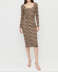 Inaya Dress in leopard print jersey fabric and Triana Champagne Leather Mid-Heel Sandal.