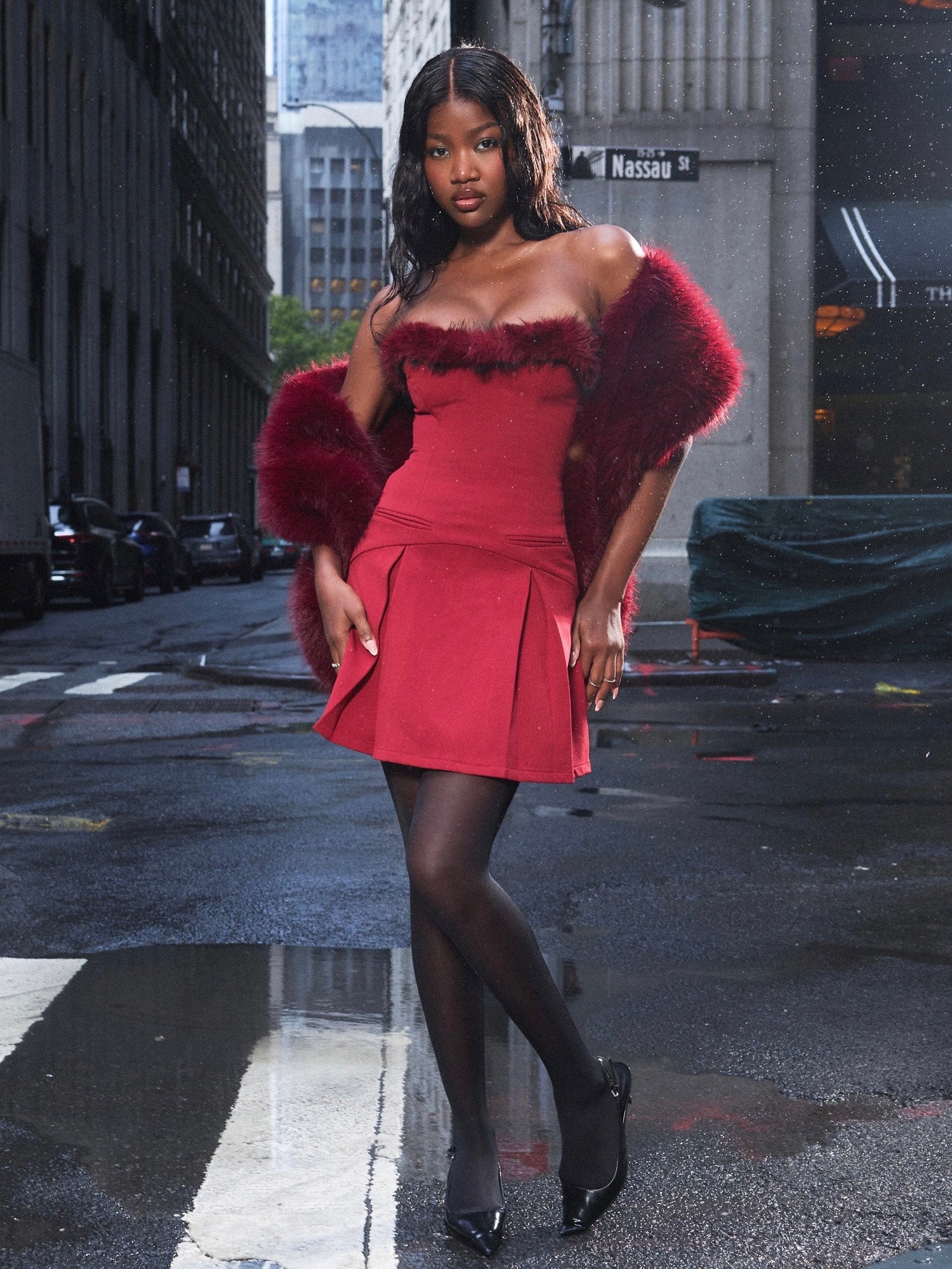 Nalia Fur Trimmed Sweetheart Mini Dress | Crimson