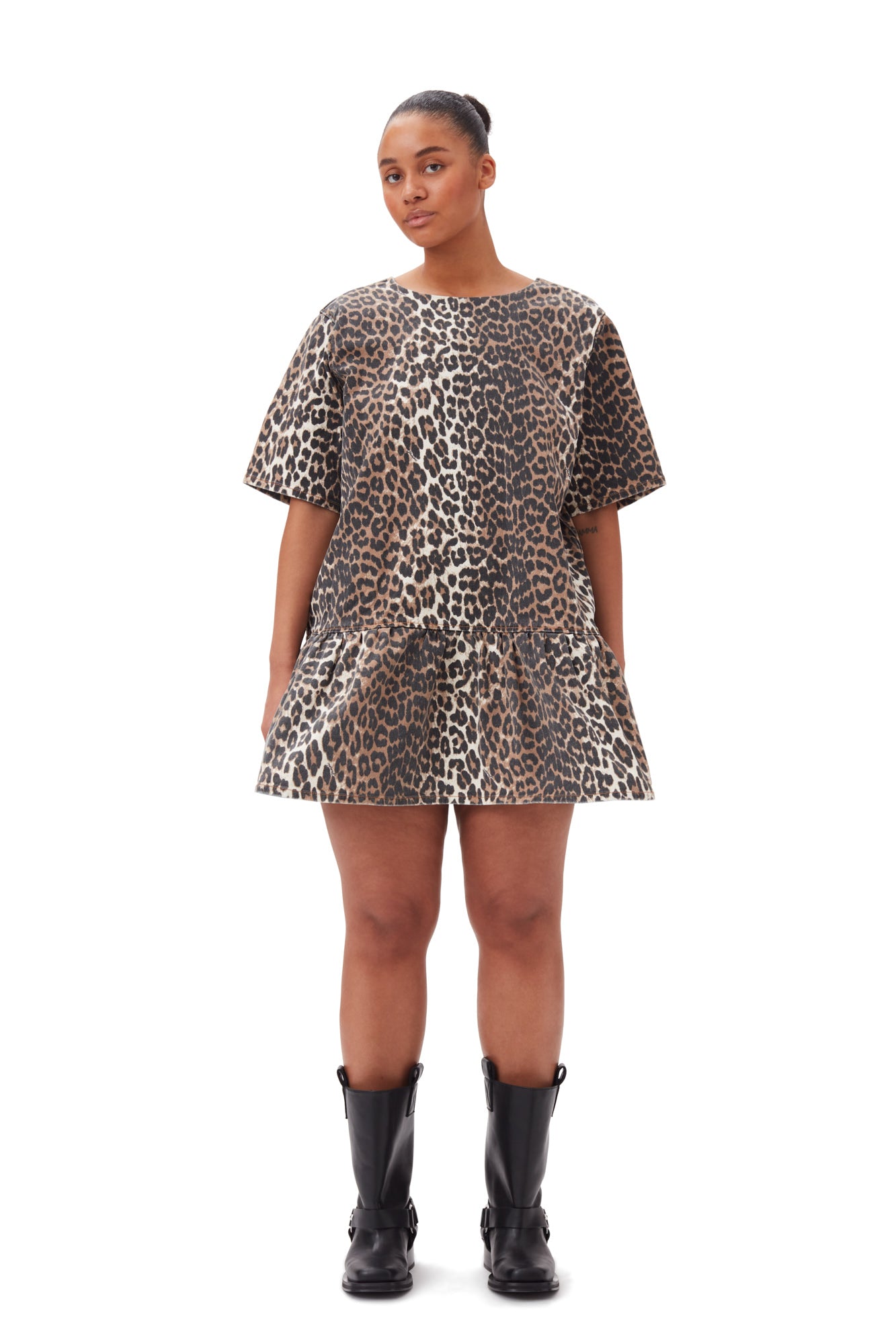 Print Denim Open-Back Mini Dress | Leopard