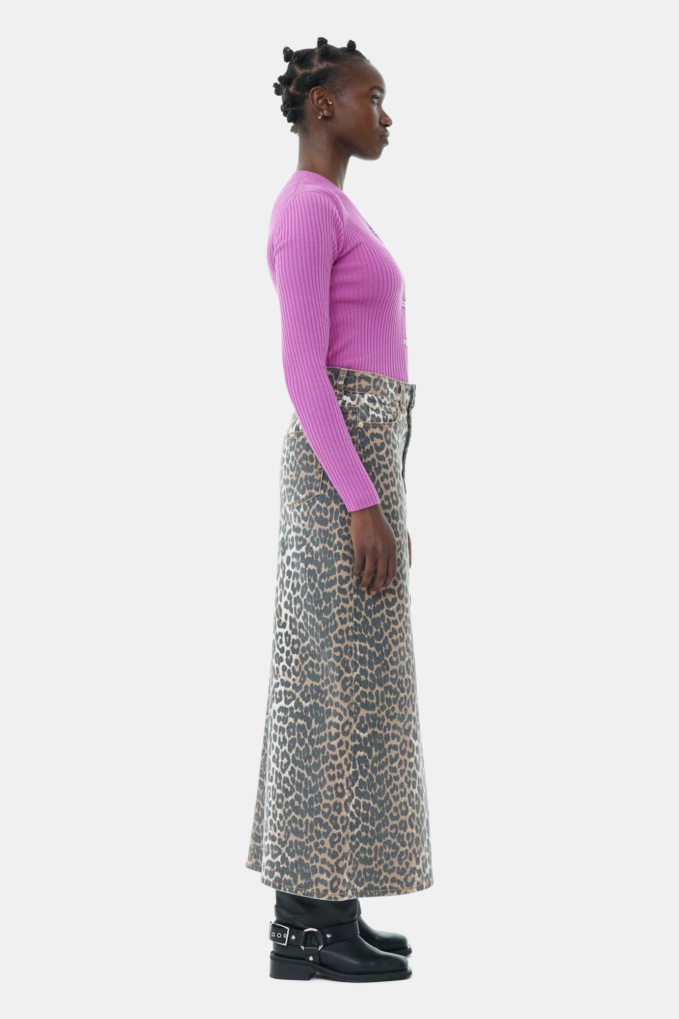 Print Denim Maxi Slit Skirt | Leopard