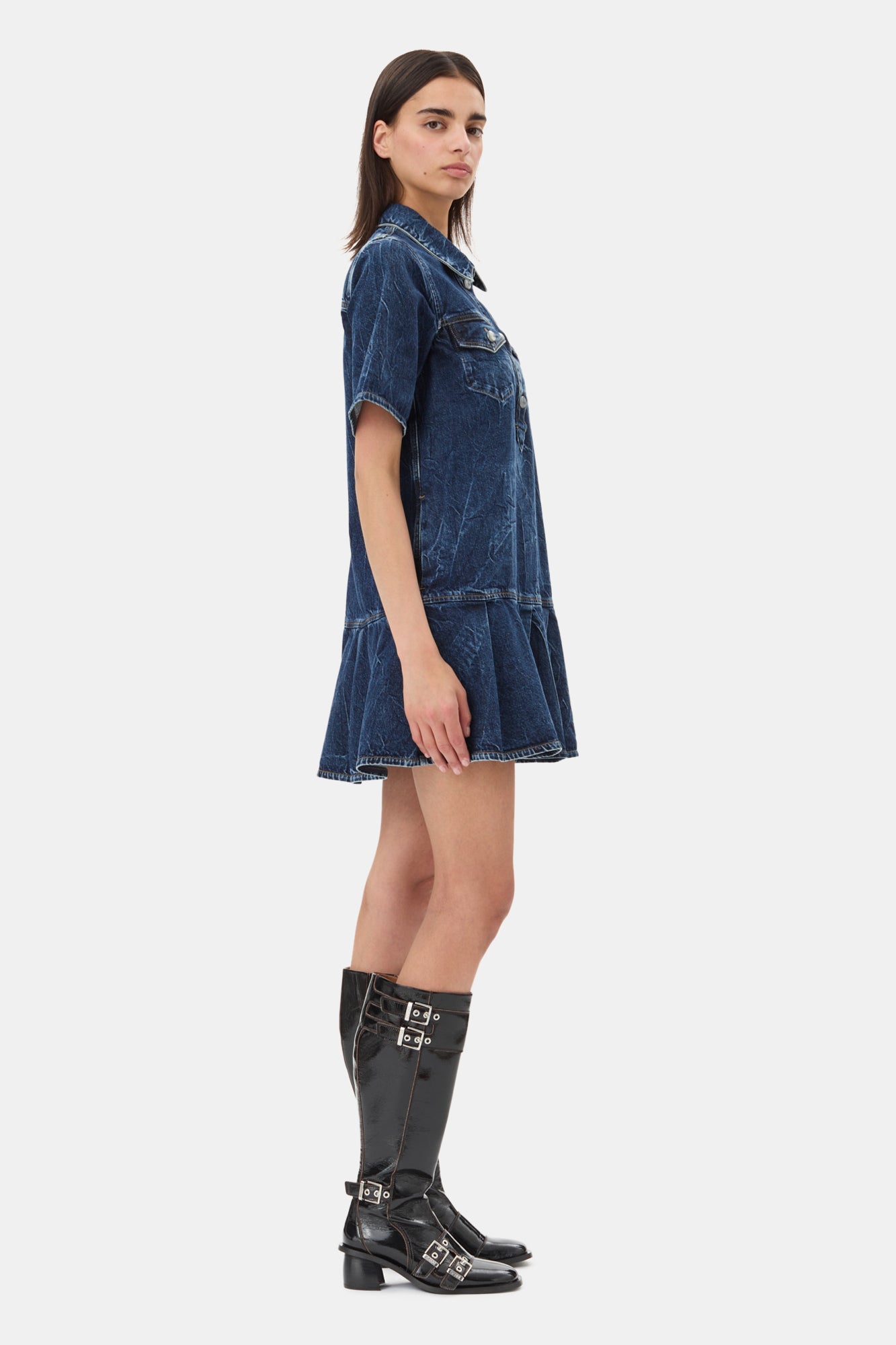 Crinkled Future Denim Mini Dress | Mid Blue Stone