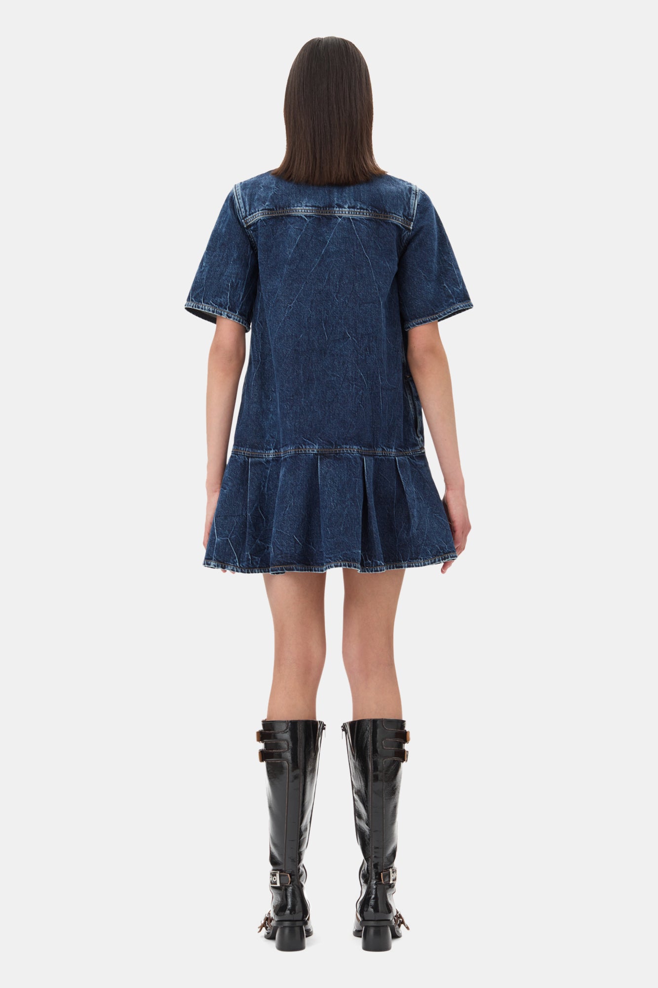 Crinkled Future Denim Mini Dress | Mid Blue Stone