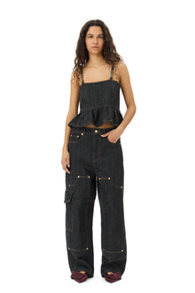 Fluffy Denim Strap Top | Black