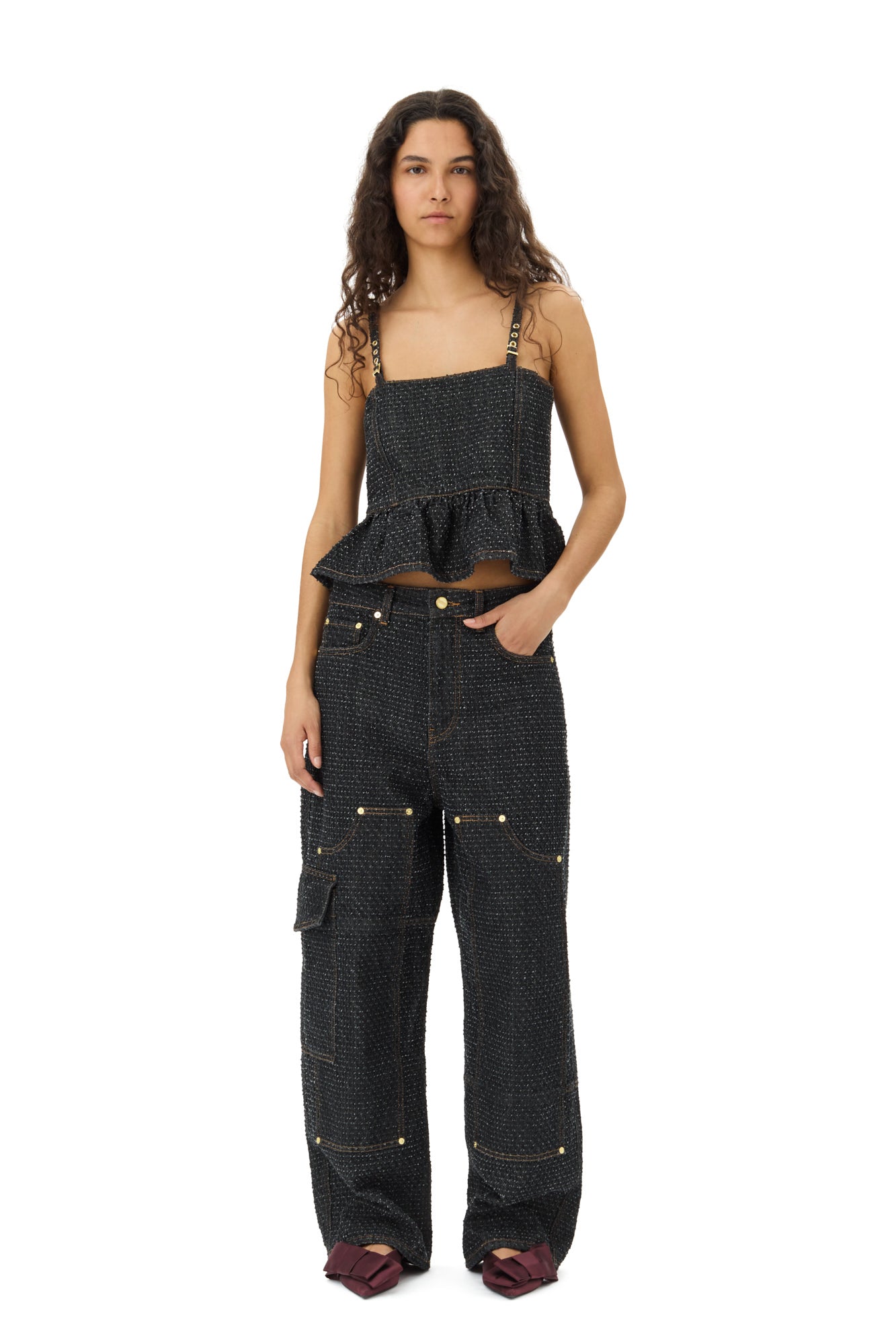 Fluffy Denim Strap Top | Black