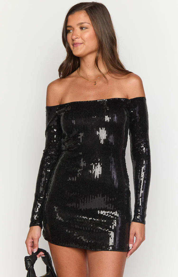 Jazmin Sequin Long Sleeve Mini Dress | Black