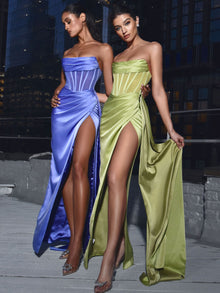 Prisa High Slit Satin Corset Gown | Lime