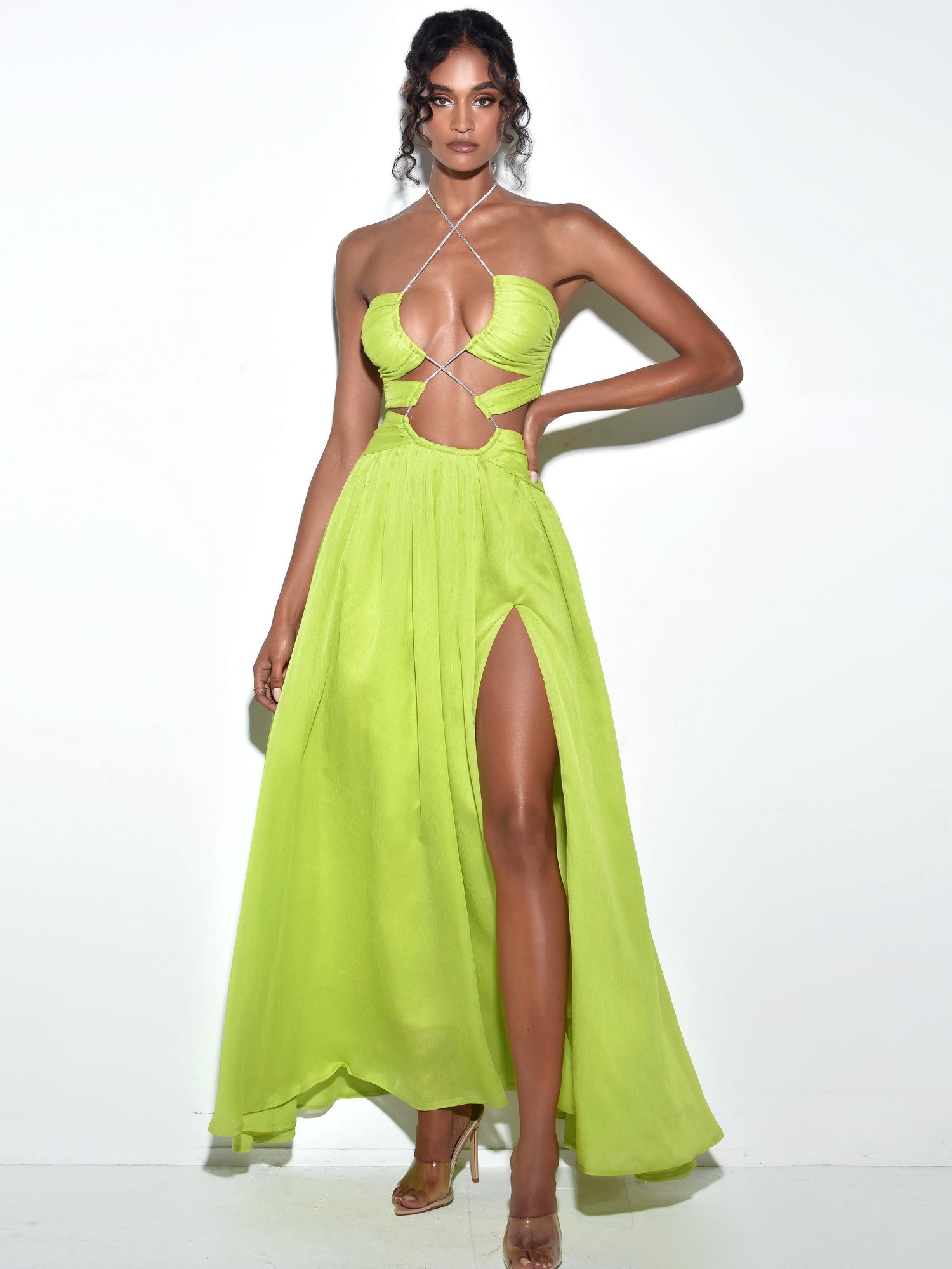 Quinby Chiffon Pleated Lace Up Maxi Dress | Lemon