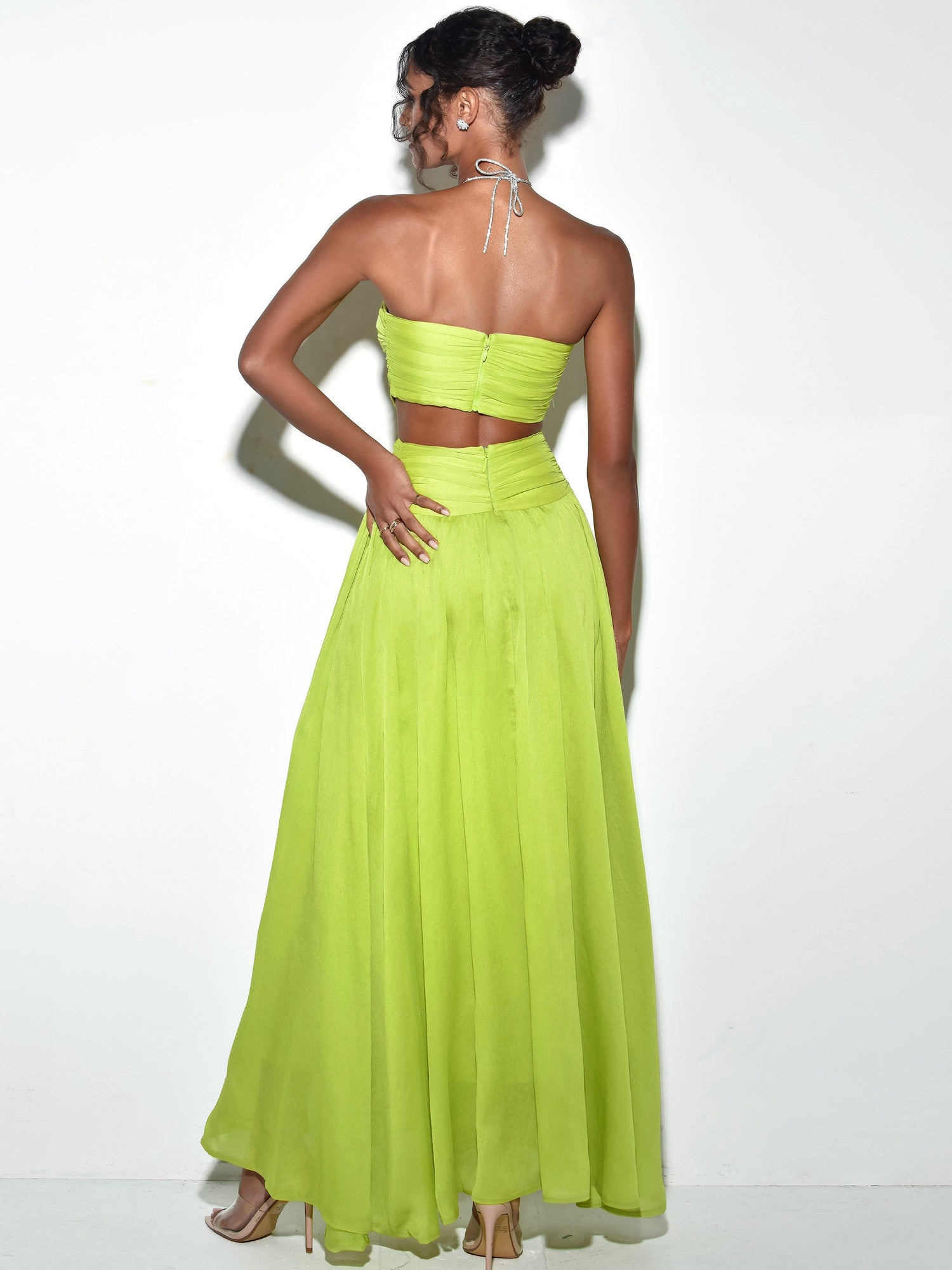 Quinby Chiffon Pleated Lace Up Maxi Dress | Lemon