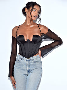 Pixie Mesh Sleeve Halter Corset Satin Top | Black