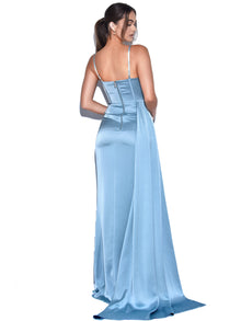 Elayna Strappy Satin Corset High Slit Gown | Pale Blue