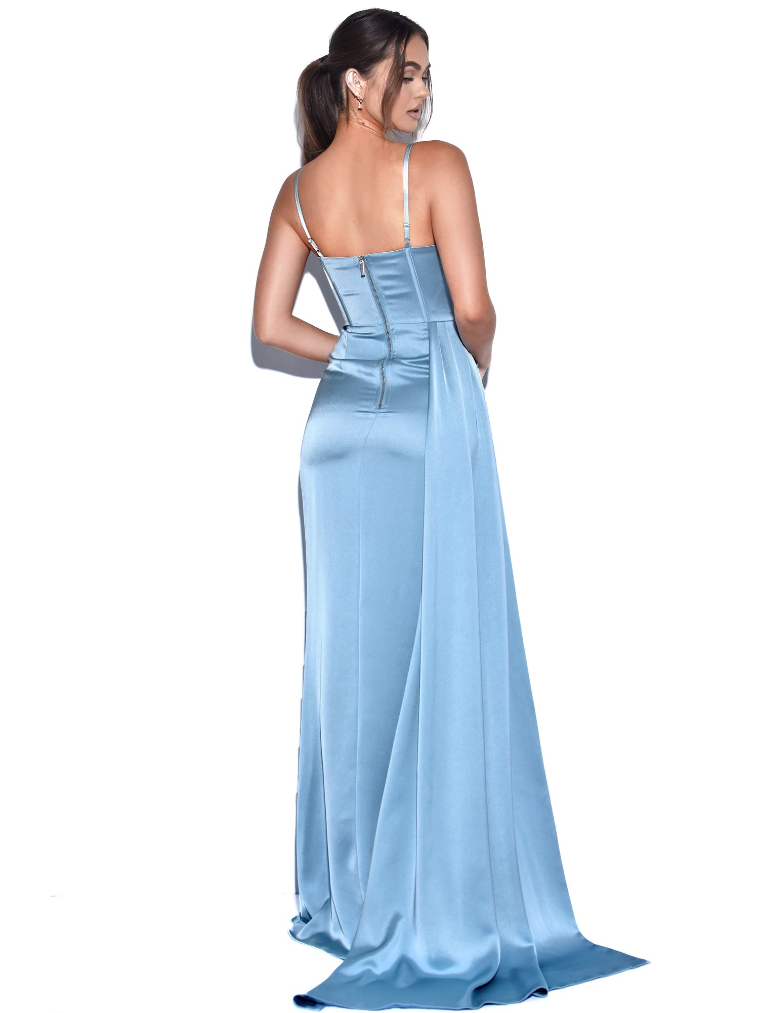 Elayna Strappy Satin Corset High Slit Gown | Pale Blue