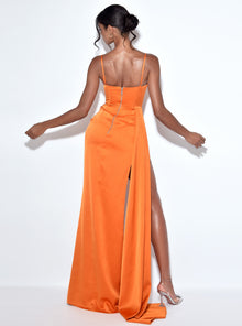 Elayna Strappy Satin Corset High Slit Gown | Orange