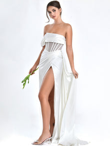 Rebeca Satin High Slit Corset Gown | White