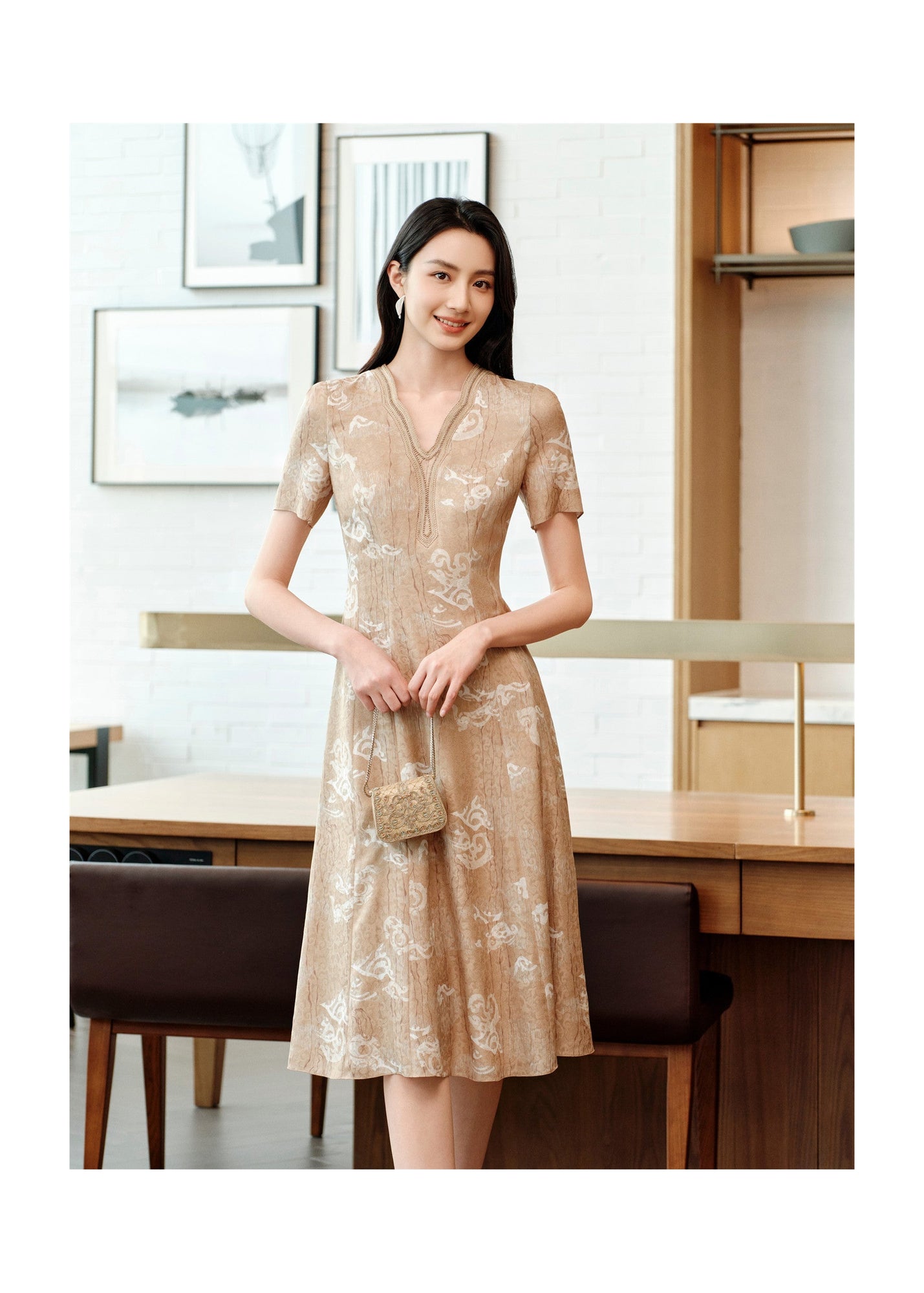 Jacquard Silk Dress | Khaki
