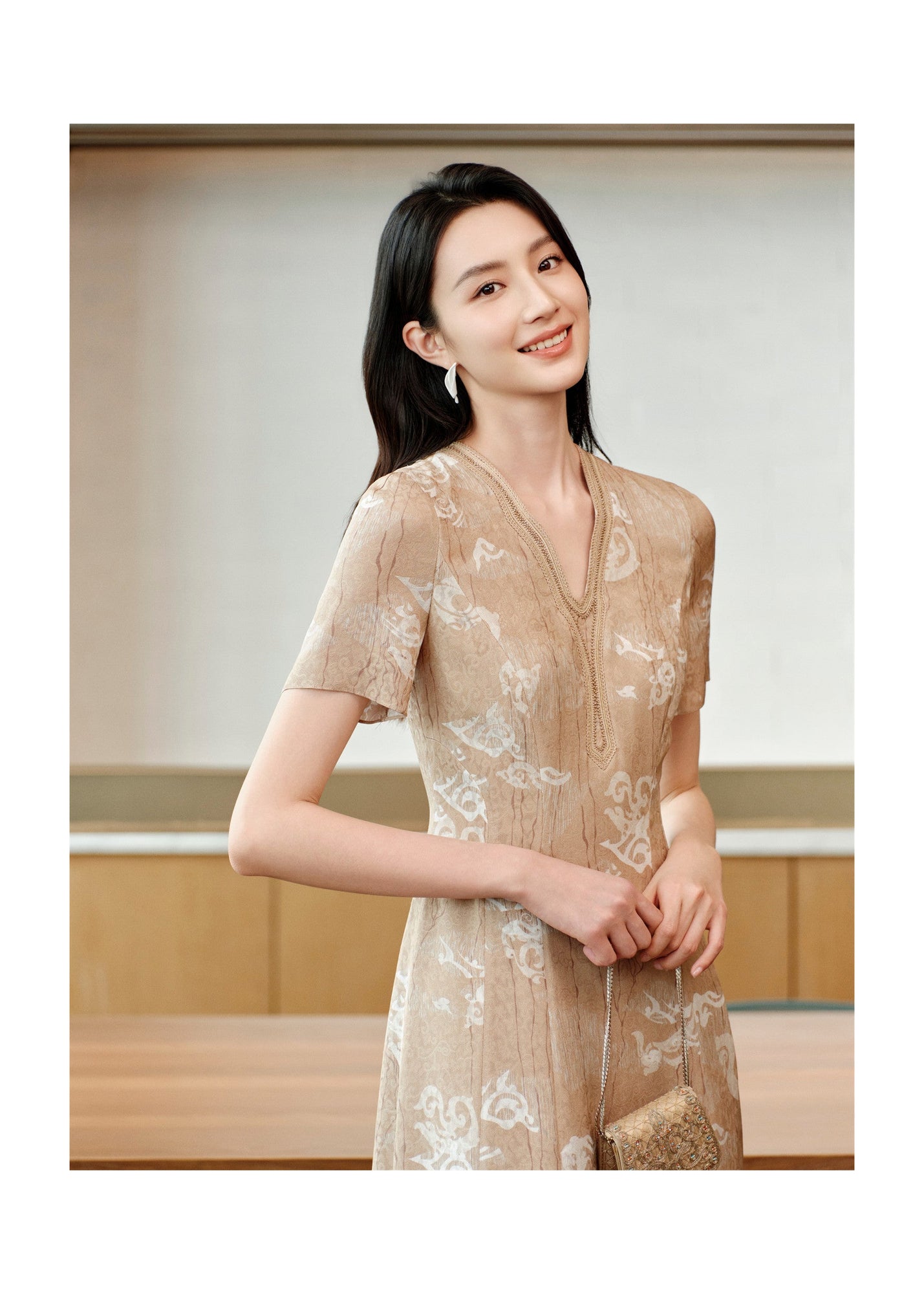 Jacquard Silk Dress | Khaki
