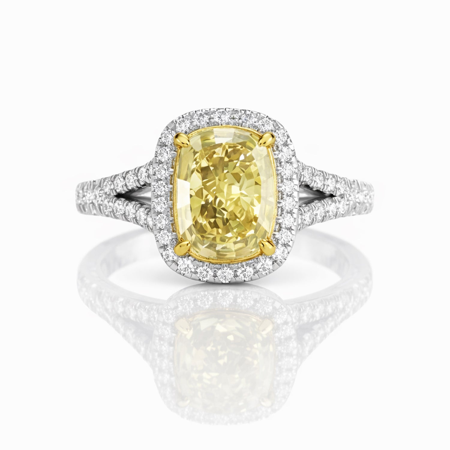Womens | Halo Split Shant Engagement Ring | 14K Two Tone Gold | 2.50 CTW Long Cushion Cut Lab Grown Diamond | Yellow-VS1