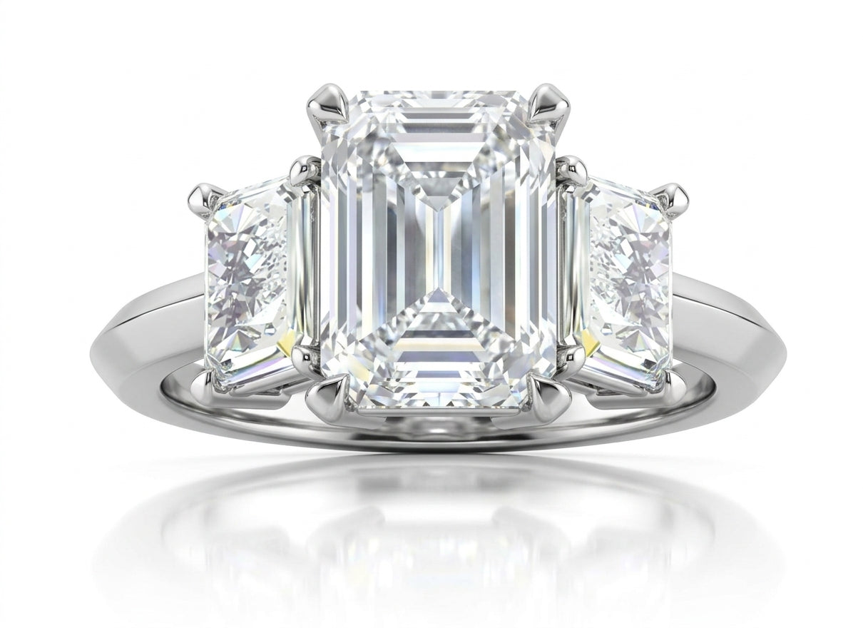 Womens | 3 Stone Engagement Ring | 14K White Gold | 7 CTW Emerald Cut Lab Grown Diamond | F-VS