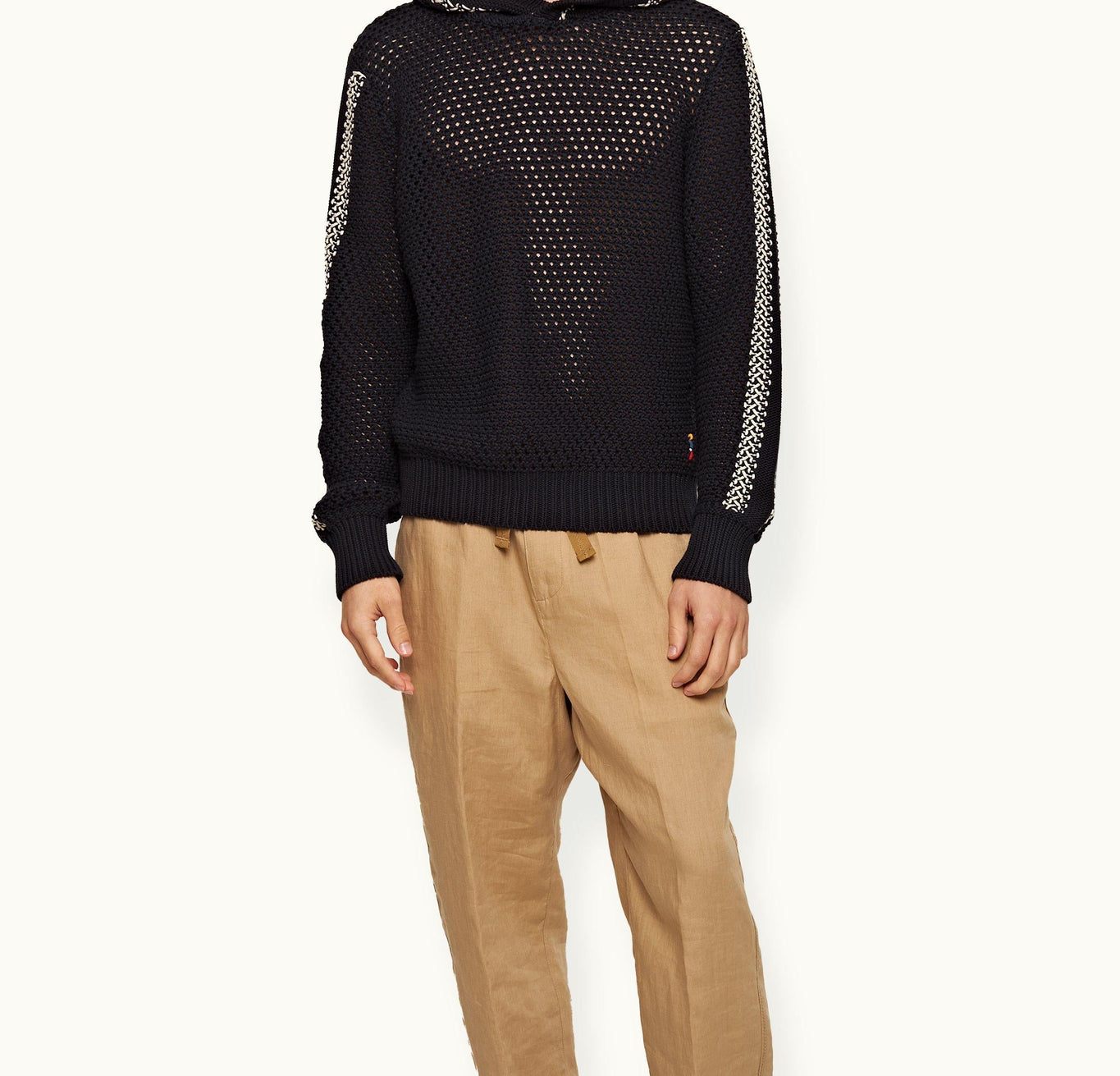 Kirk Relaxed Fit Hooded Crochet Knit Jumper | Night Iris/White Sand