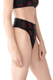Kiss Hand - Beaded Embellished High - waisted Bikini Bottom - Black - Self - Adore