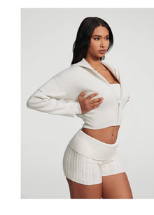 Knit Cropped Zip-Up Jacket | White