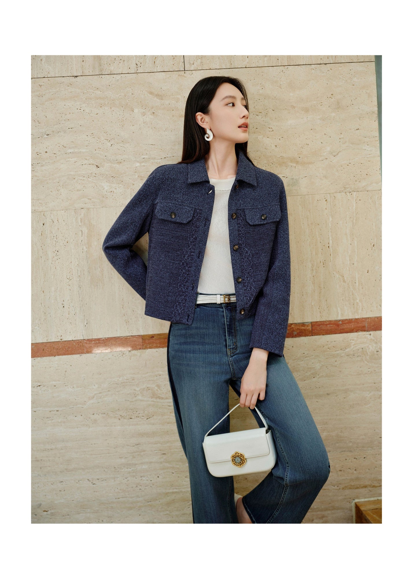 Knit Denim-Look Jacket | Navy