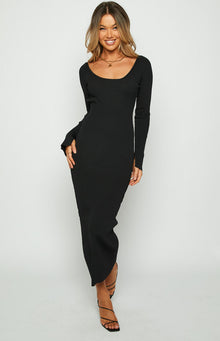 Beginning Boutique Kylie Black Maxi Dress black ribbed knit scoop neck bodycon maxi dress with long sleeves and thumbholes
