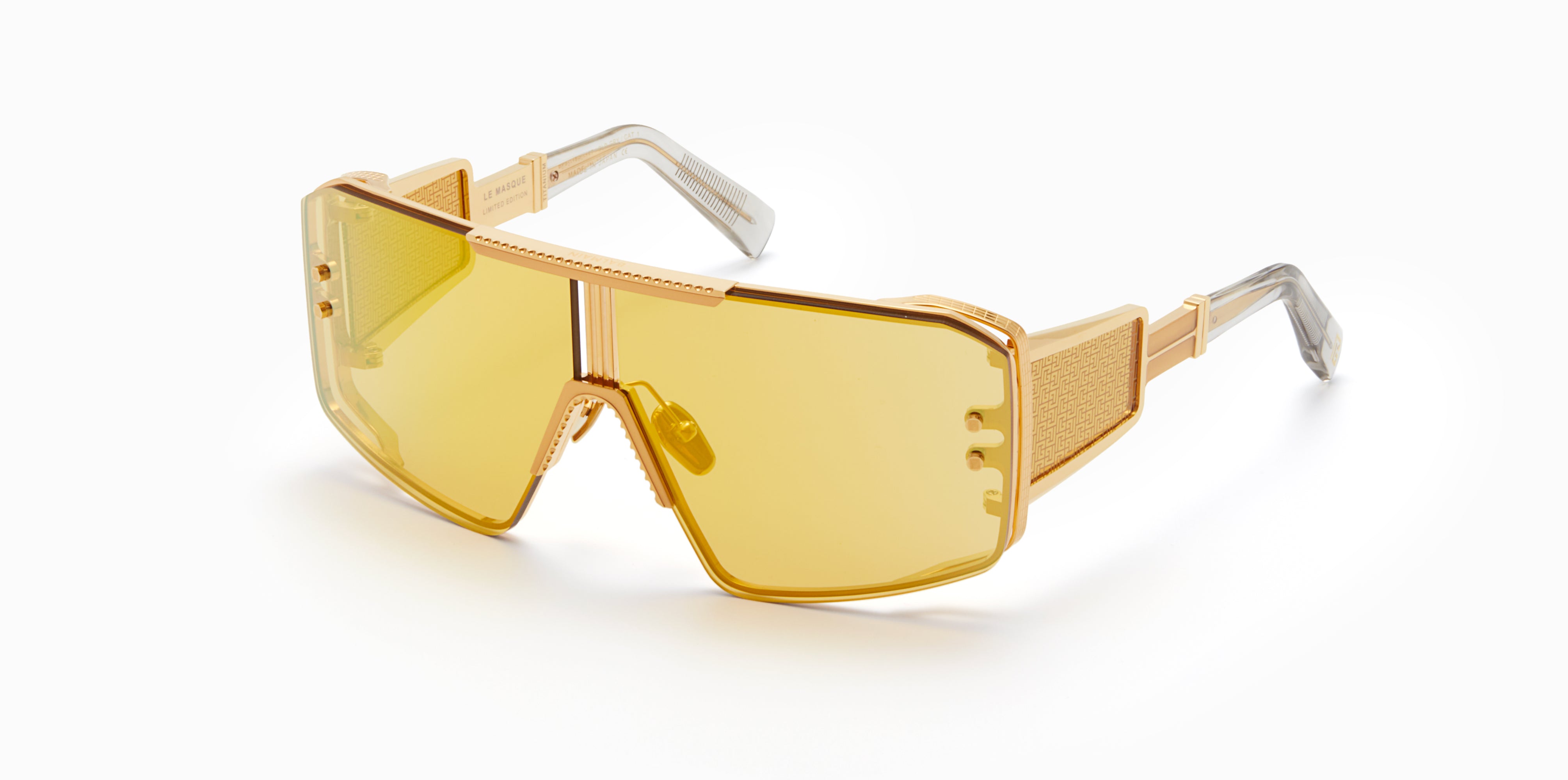 Unisex | Le Masque Sunglass | Gold - Crystal Grey with Gold Flakes - Side Lens w /PB Pattern | Amber w/ Gold Mirror