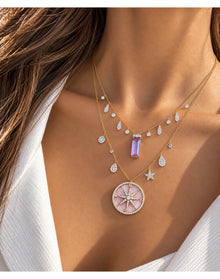 Lavender Baguette Diamond Charm Necklace | 14K Yellow And White Gold