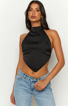 Laylee High Neck Satin Top | Black