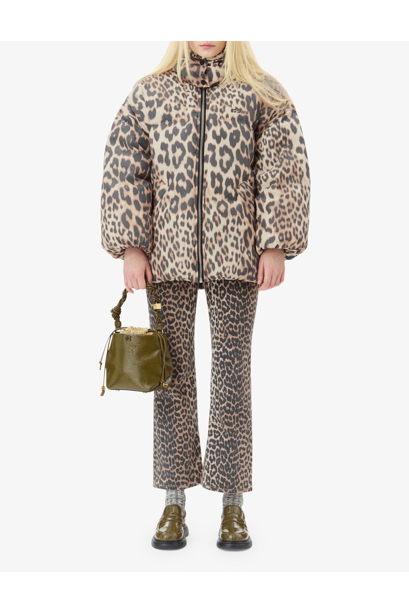 Leopard Print Midi Puffer Jacket | Almond Milk