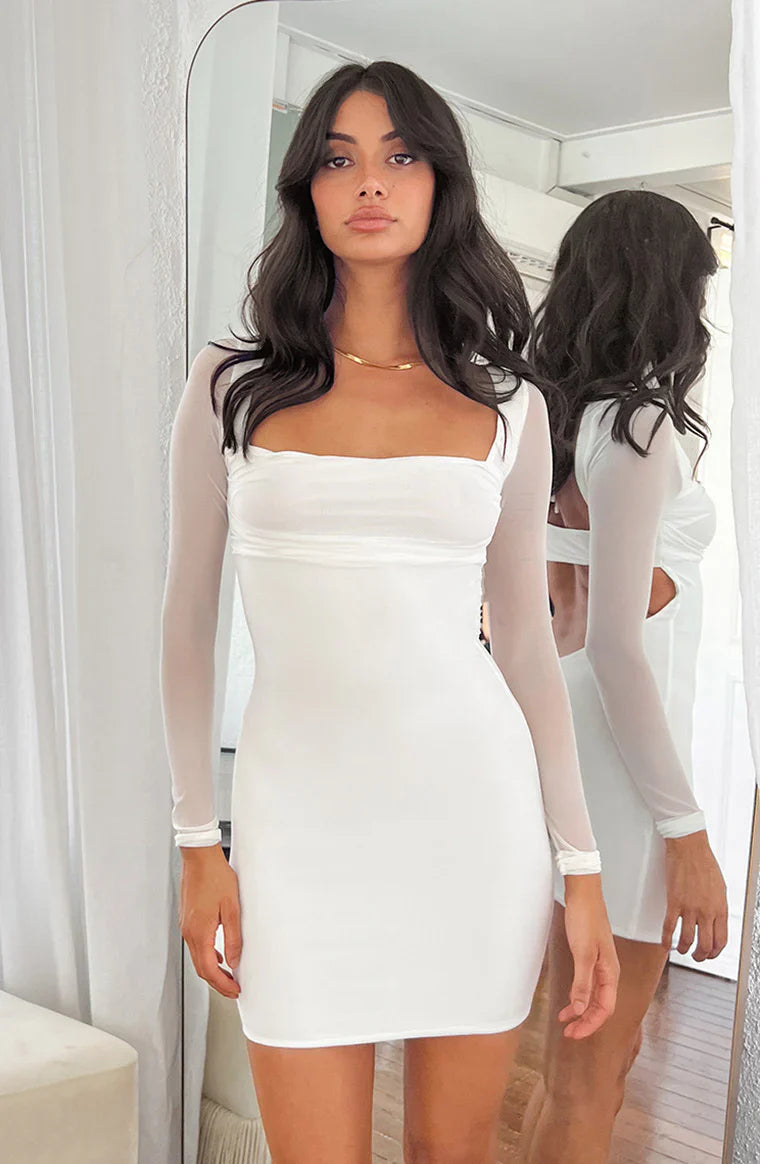 Leyna Mesh Long Sleeve Dress | White