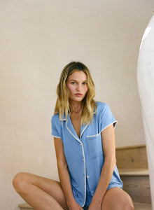 Model wearing Frida TENCEL Modal Shortie Short PJ Set in Cornflower Blue/White