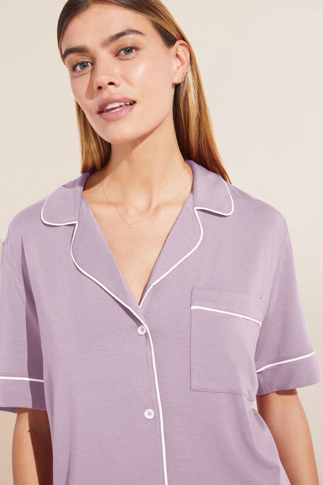 Model wears Gisele TENCEL Modal Short Sleeve & Pant PJ Set in lavender/ivory.