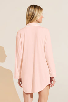 Model wears Gisele TENCEL Modal Sleepshirt in petal pink/ivory.