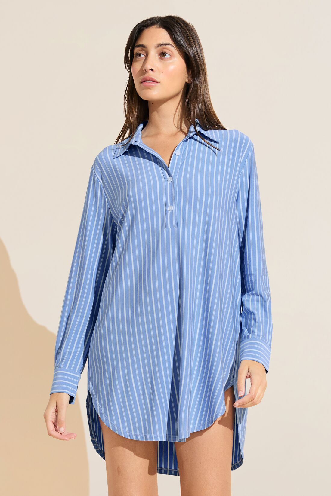 Model wears Gisele Printed TENCEL Modal Boyfriend Sleepshirt in Nordic Stripe Vista Blue.