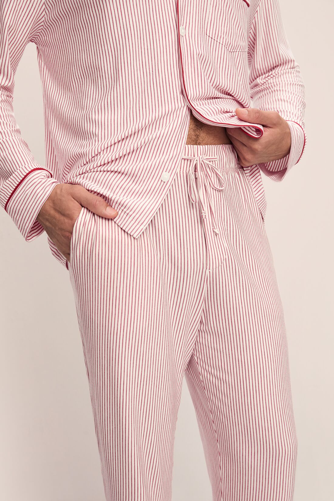 Model wears William Printed TENCEL Modal Long PJ Set in Duo Stripe Haute Red/Haute Red.