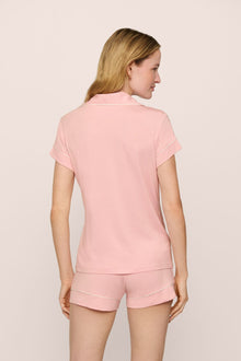 Model is wearing the Gisele TENCEL Modal Shortie Short PJ Set in Silver Pink/Ivory