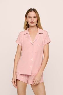 Model is wearing the Gisele TENCEL Modal Shortie Short PJ Set in Silver Pink/Ivory