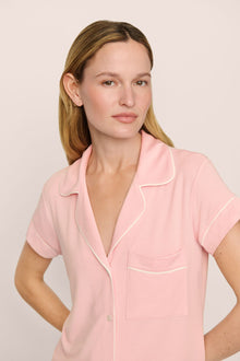 Model is wearing the Gisele TENCEL Modal Shortie Short PJ Set in Silver Pink/Ivory