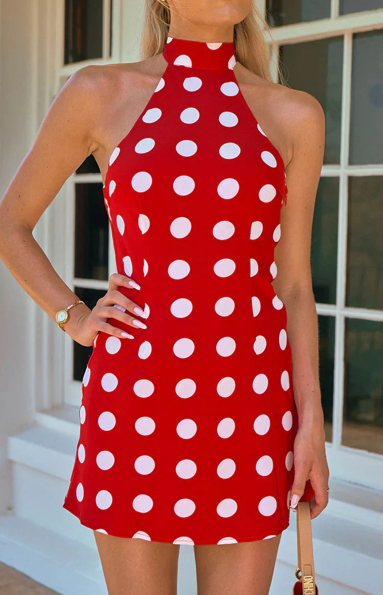Maia Spot Halter Neck Mini Dress | Red