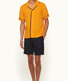 Maitan Lino Relaxed Fit Two-Tone Capri Collar Italian Linen Shirt | Calypso Orange/Agave/Night Iris