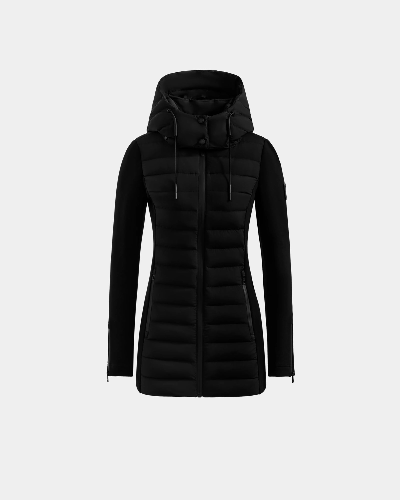 The Rudsak MARRY M - L125519 Black is a women’s black mid-length hybrid coat with long sleeves, a hood, front zipper, and drawstrings, shown on a plain light gray background.