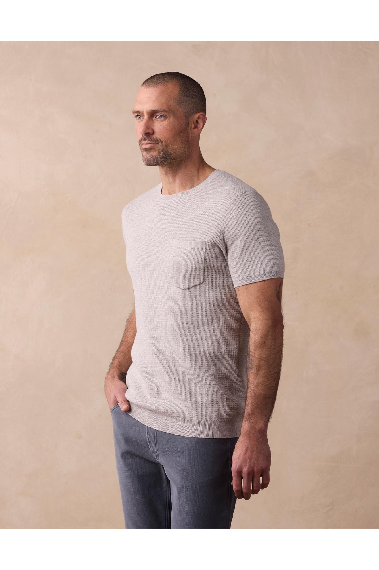 Men | Waffle Knit Sweater Tee | Stone