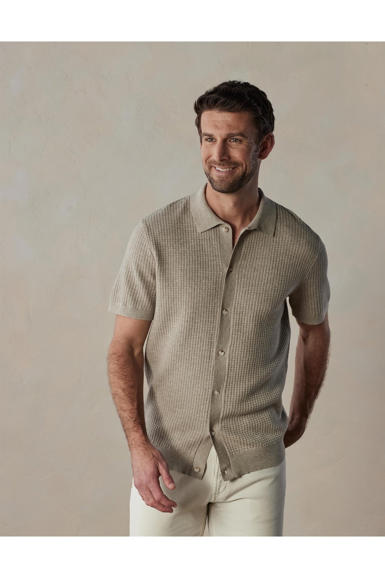 Men | Waffle Stitch Button Up | Flax