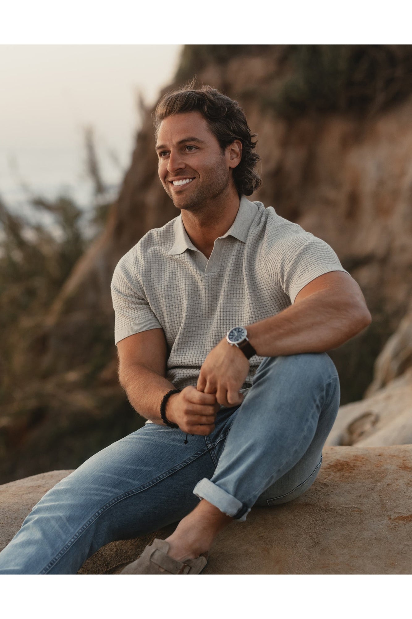 Men | Waffle Stitch Polo | Flax