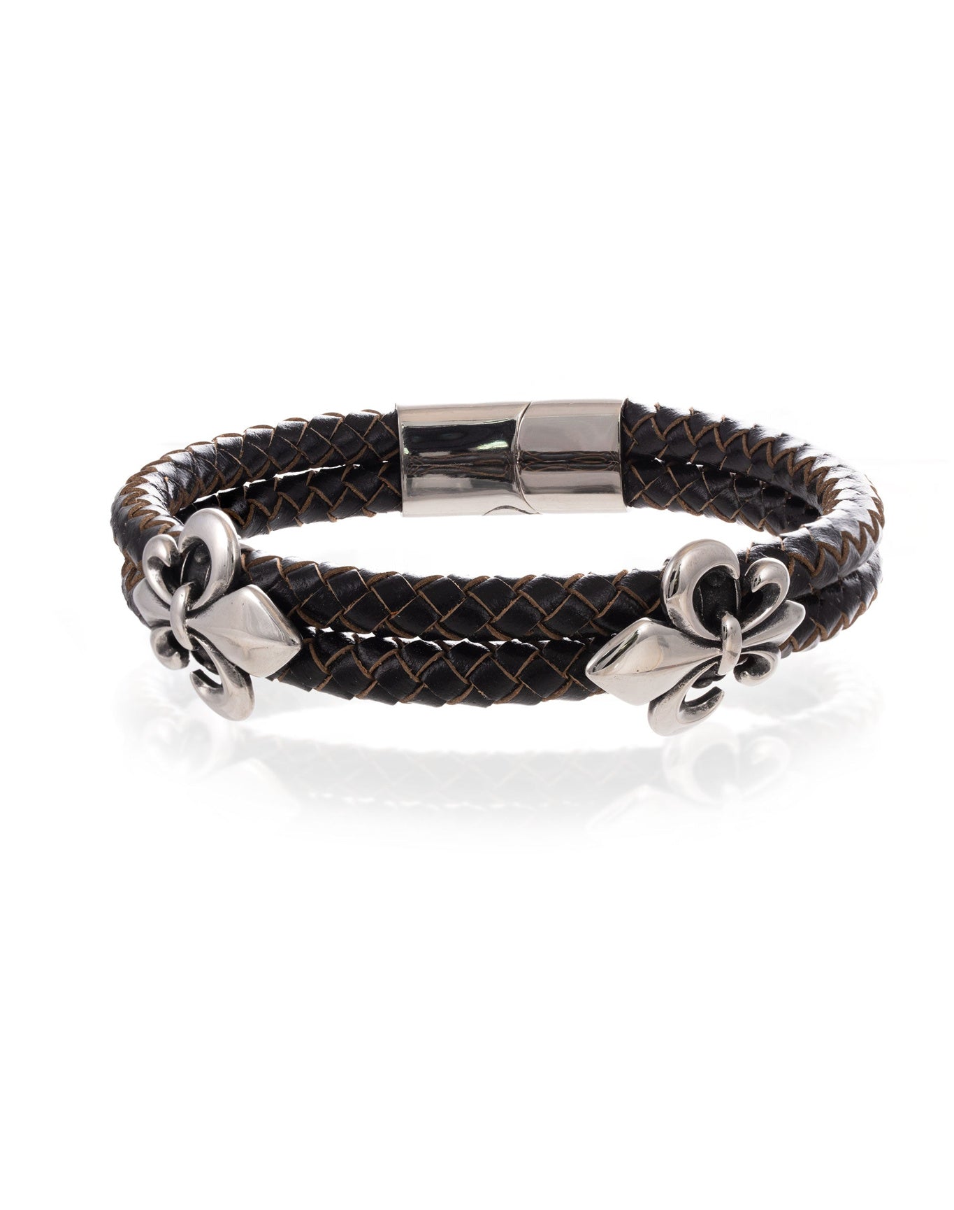 Mens Leather Fleur-de-lis Leather Bangle | Silver