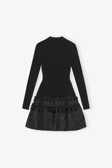 Mini Dress in Rib Knit Ruffle | Black